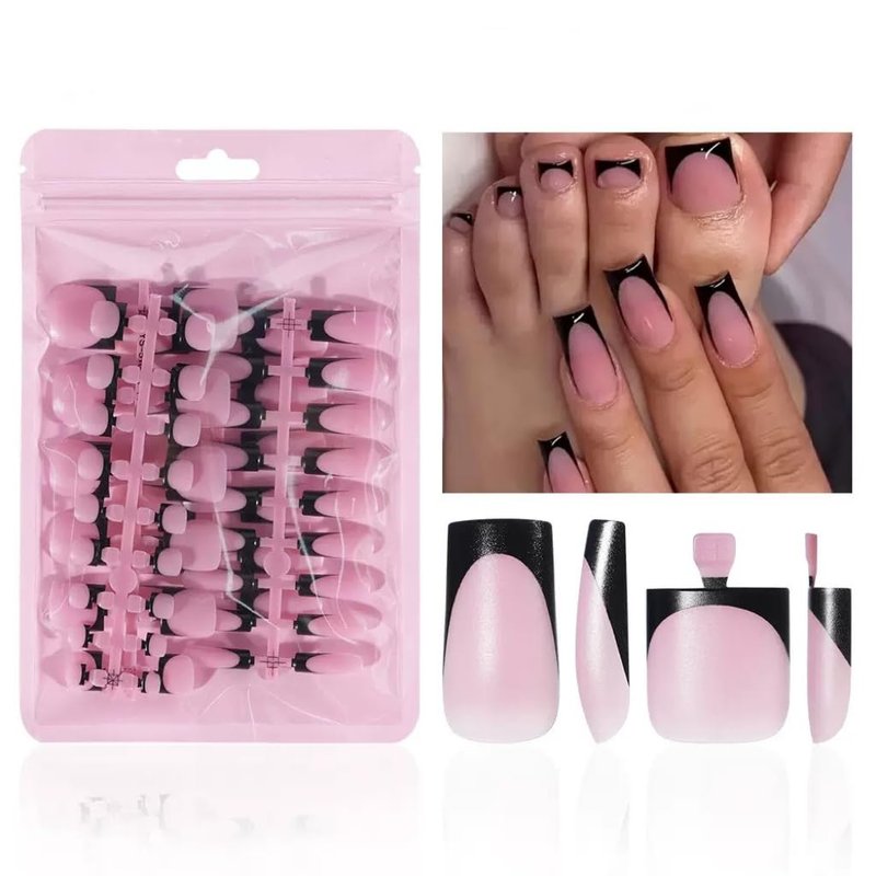 Skiennix 60Pcs Black French Tip Press-On Nails Set | Medium Square Fake Nails for Women