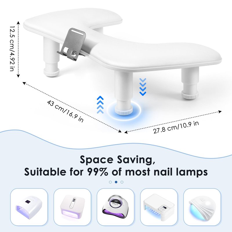 LIONVISON Arm Rest for Nails Tech: U Shaped Adjustable Height Ergonomic Nail Hand Rest Stand PU Leather with Rotating Phone Holder for Nail Salon Manicurist (White)