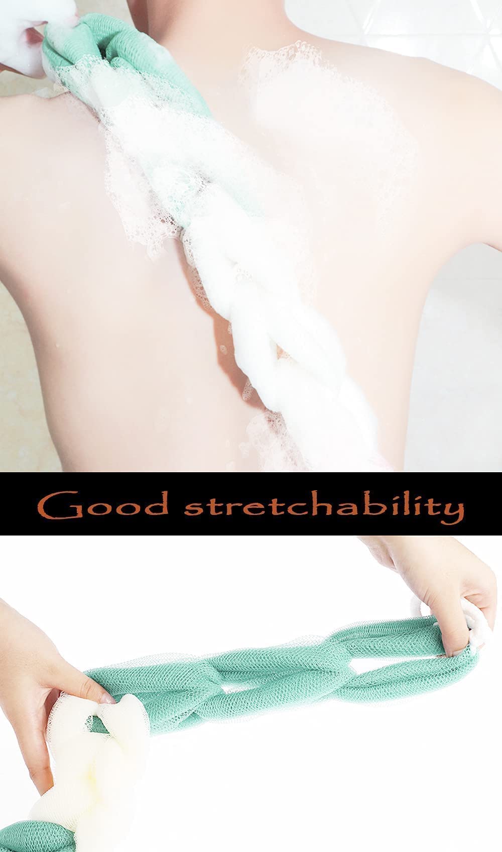 MURRI&MURRDI 4 Packs Long Loofah Back Scrubber for Shower,Body Bath Sponge Ball with Rope Handles,Stretch Exfoliating Mesh Sponge for Men and Women (A-2Grey+2Green)