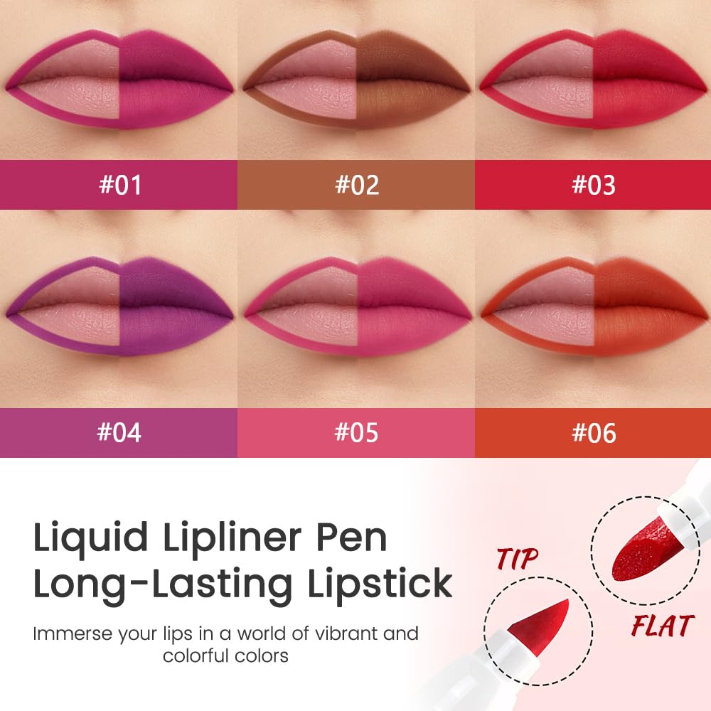 Warm Brown Dual-Tip Liquid Lip Liner Pen - Flat End for Full Coverage & Pointed Tip for Precise Lining, Long-Lasting Waterproof Matte Lipstick, Makeup Tool for Full Coverage and Defined Lip Lines 02#