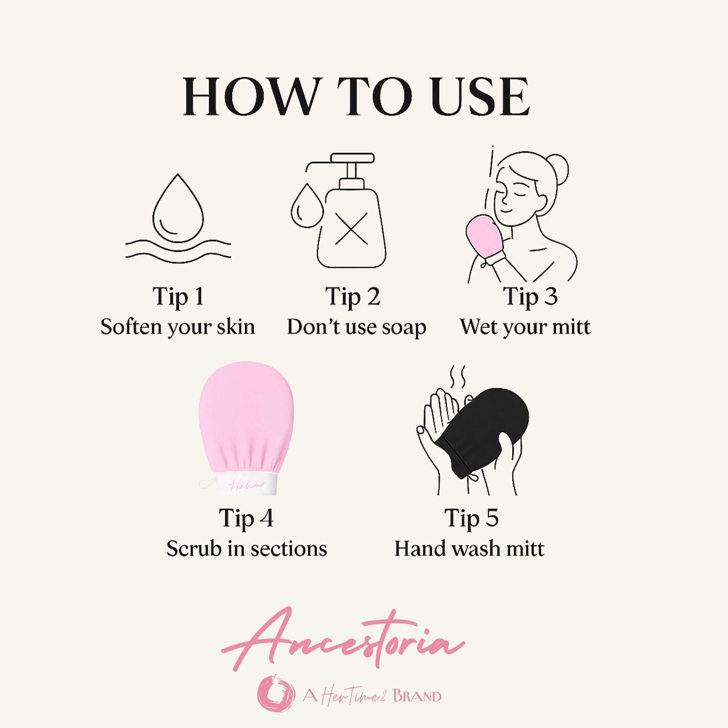 Ancestoria Korean Exfoliating Gloves for Shower, Pink and Black, 2-Pack, Deep Exfoliating Mitts for Body, Reusable and Chemical-Free, A HerTime2 Brand