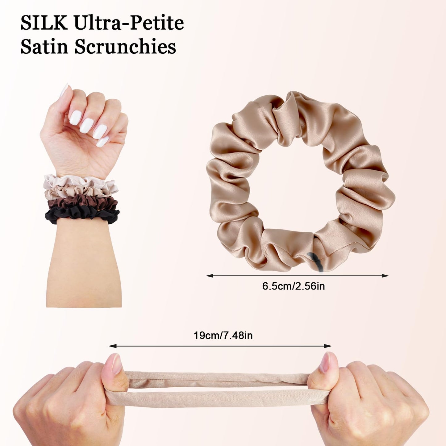 Ultra-Petite Satin Scrunchies for Women – 8PCS Neutral No Damage Hair Ties (Black, Blonde, Dark Brown, Light Brown) – No Crease, Frizz-Free, Gentle Elastic Bands for Day & Night, Perfect Gifts