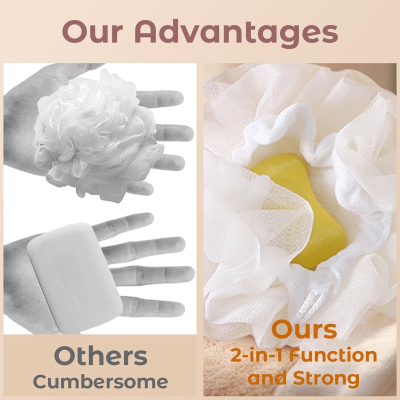 2 in 1 Loofah Sponges 2-Pack Dual-Sided Exfoliating Bath Sponges for Shower & Loofah Washcloth for Bar Soap Premium Body Scrubber with Drawstring for Gentle Skin Smoothing - Pink＆Beige