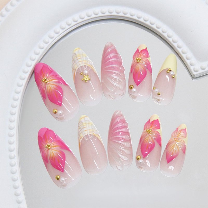 24Pcs Pink Flower Press on Nails Medium Almond Fake Nails with Gold Pearl Rhinestones Designs Cute Glue on Nails Yellow French Tip False Nails Summer Full Cover Artificial Stick on Nails for Women