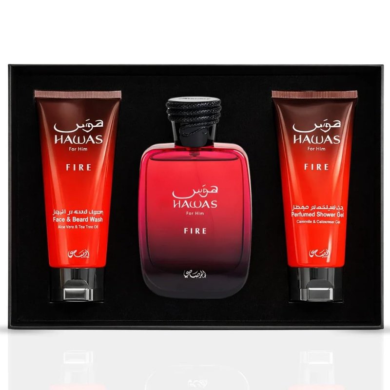 RASASI Hawas Fire For Men - 3-Piece Gift Set with Eau De Parfum, Face & Beard Wash, Shower Gel | 100ml (3.4 Oz)