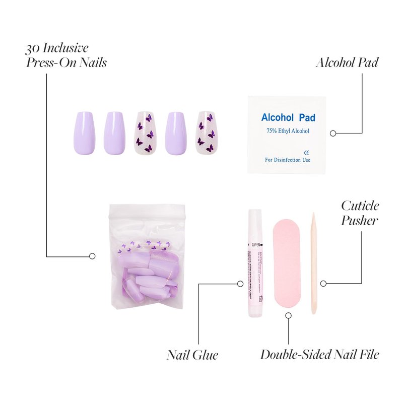 Glamnetic Glossy Short Coffin Nails with Salon UV Finish, Mariposa Reusable Opaque Press On Nails in 12 Sizes - 30 Nail Kit with Glue