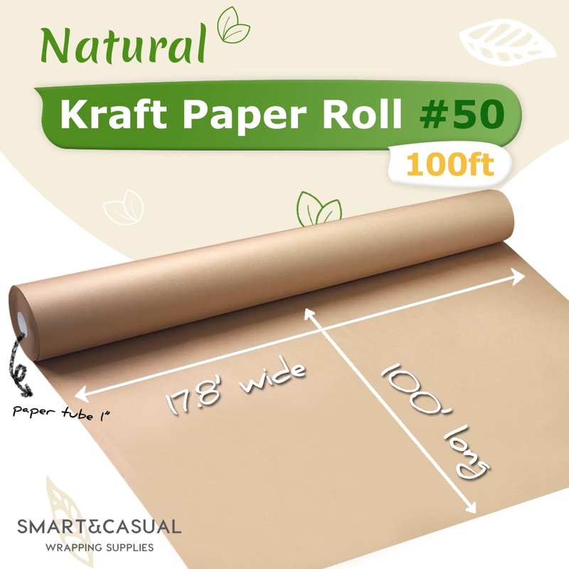 SMART&CASUAL Brown Wrapping Paper Roll 17.8"×1,200"(100') Kraft Paper for Craft Gift Bulletin Board Banner Bouquet Flower Table Covering Packing Shipping Moving 70GSM 50LB(Brown, 17.8" x 1,200")
