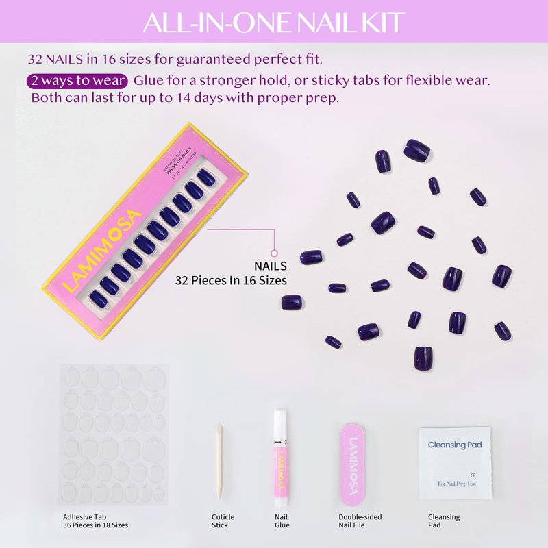 LAMIMOSA 32Pcs Press On Nails Short Square – Soft Gel Navy Blue Fake Nails in 16 Sizes, Reusable Glue on Nail kit, NAVY BLUE