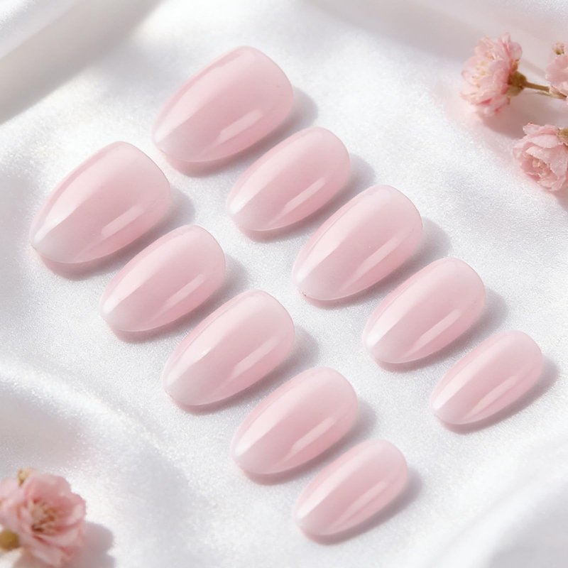 Pink Ombre Press On Nails Short Almond Fake Nails Glossy Full Cover White French Tip Stick On Nail for Women Manicure 32Pcs