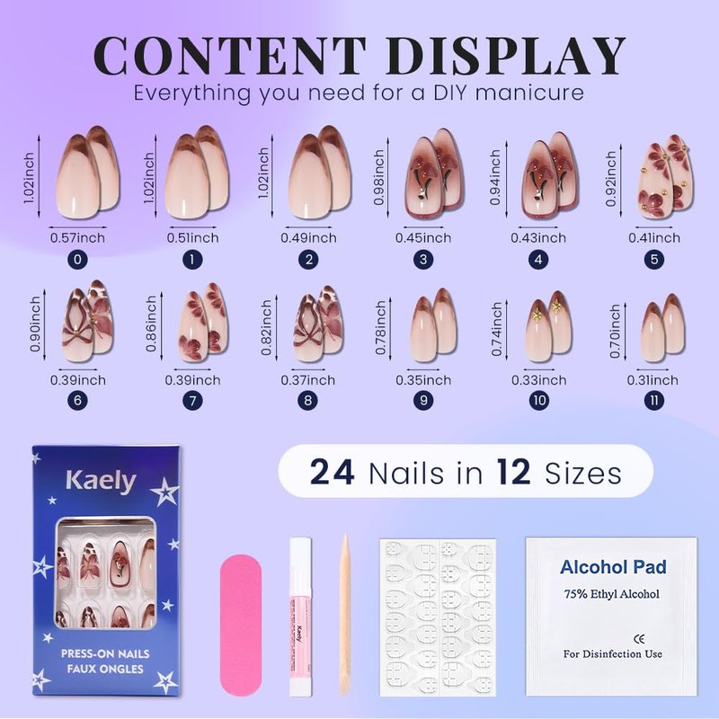evpct 3D Red Cherry Press on Nails Short Almond No Glue, Short Almond with 3D Red Bow Butterfly Design, Coffee Tip Stick on Nail for Women Gift with Kit, Reusable Full Cover Soft Press on Fake Nail