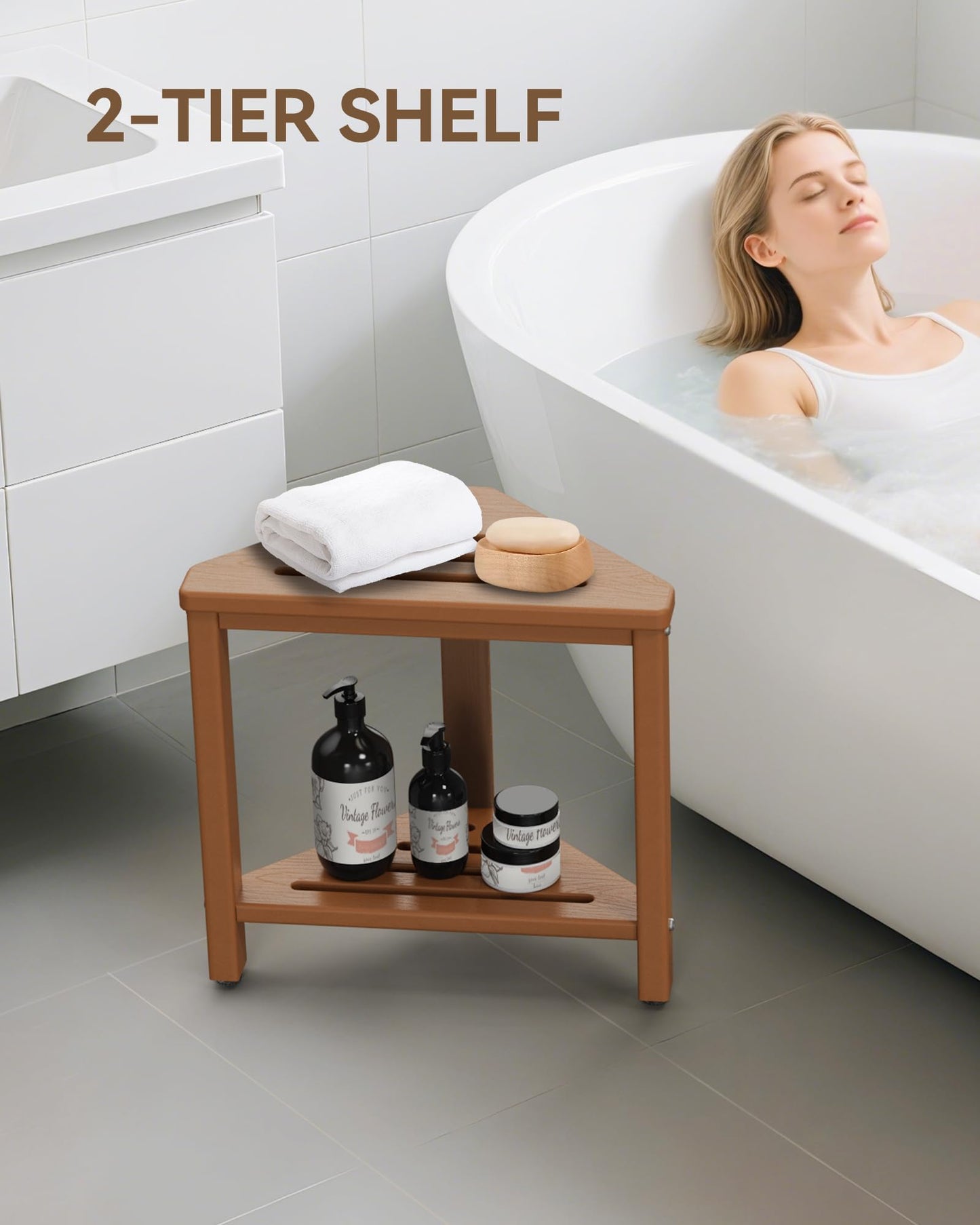 Teak Shower Foot Rest 15in, HDPE Waterproof Shower Stool for Inside Shower, Corner Shower Stool for Shaving Legs with Storage Shelf for Small Space, Shower Step Stool, Plastic Corner Shower Bench