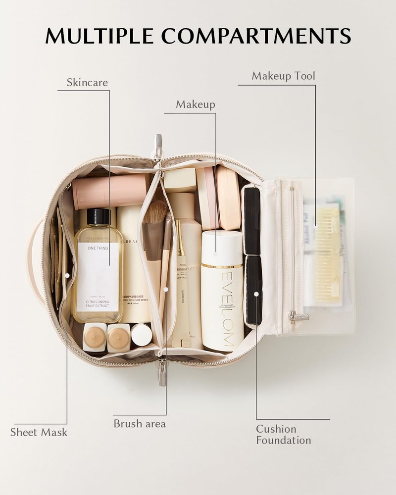 EACHY Travel Makeup Bag, Cosmetic Bag for Women, Waterproof Toiletry Bag with Handle, Large Capacity Makeup Organizer with Brush Compartment for Vacation & Everyday Use