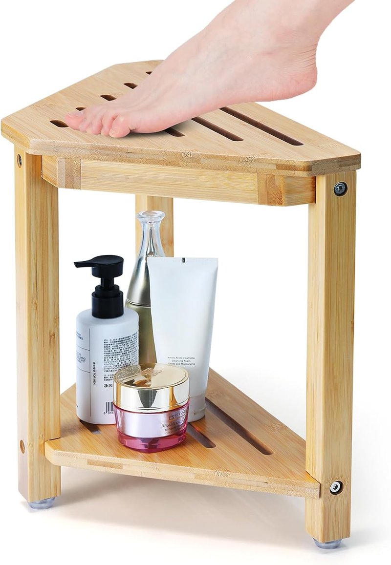 Bamboo Shower Foot Rest - 13.8in Waterproof Stool for Shaving Legs | Corner Shower Storage Solution