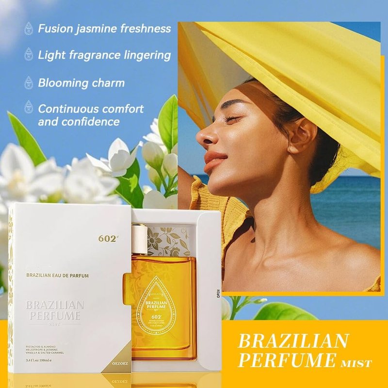 MOSYFEIBI Brazilian Eau de Parfum 602 - Irresistible Sunshine Fragrance with Pistachio, Almond, Jasmine, Vanilla & Salted Caramel, Hair & Body Perfume Mist, 3.4 Fl Oz