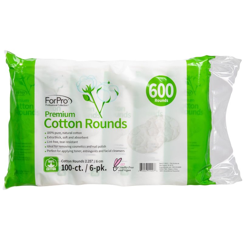ForPro Professional Collection Premium Cotton Rounds, 100% Cotton, Non-Tearing, Lint-Free, for Cosmetic, Nail, and Personal Use, 2.25”, 600-Count (Pack of 6-100 Rounds)