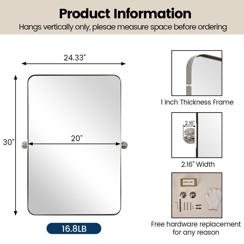 MOON MIRROR Brushed Nickel Pivot Mirror for Bathroom, Tilt Rounded Rectangle Bathroom Vanity, Overall 24.33 x 30 in (Mirror 20x 30 in)