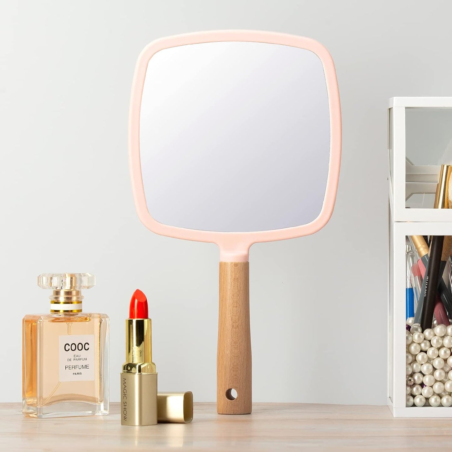 YEAKE Hand Held Mirror with Handle for Makeup,Small Cute Wood Hand Mirror for Shaving with Hole Hanging Single-Sided Portable Travel Vanity Mirror for Men&Women(Square,Pink,1Pack)