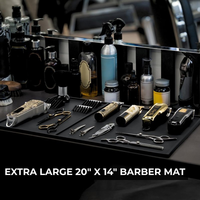 HAPPYPOSH Extra Large Barber Mat 20" x 14", Professional Non-Slip Barber Station Mat for Clippers & Tools, Rubber Barber Organizer Counter Pad, Easy-Clean Barbershop Workstation Mat. Black