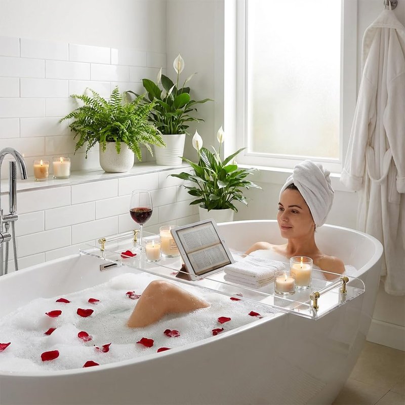 Bathtub Tray, 1 or 2 Person Bath and Bed Luxury Bathtub Caddy Tray Clear Acrylic Bathtub Caddy Tray with Gold Handles Accessories for Bath Tub, 31x9 Inch