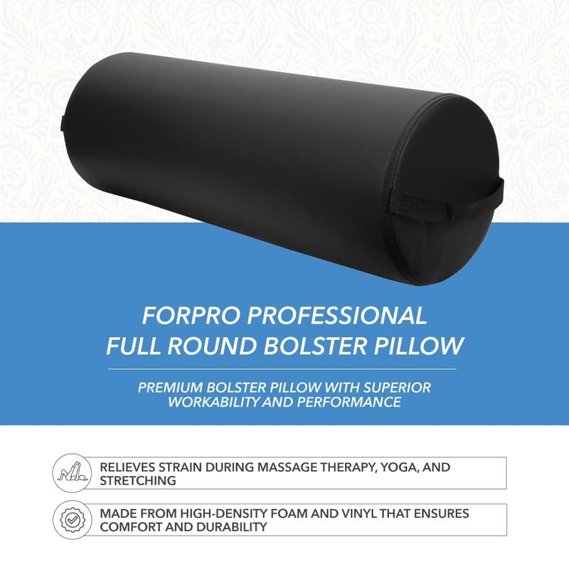 ForPro Professional Collection Jumbo Full Round Bolster Pillow, Black, Oil and Stain-Resistant, for Massage and Yoga, 9” R x 26” L