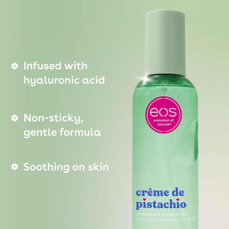 eos Cashmere Body Mist, Crème de Pistachio, Body Spray for Women, Pistachio Perfume, Hair Mist, Moisturizing, Hyaluronic Acid, Glycerin, Vegan, Cruelty-free, 6 fl oz