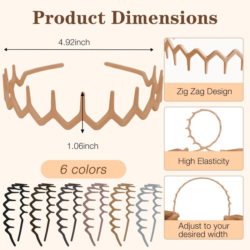 ELLOPH 6 Pack Zig Zag Headbands for Women, Non Slip Headband with Teeth, Plastic Hair Bands for Daily Work Makeup Sports 90s Retro Style Hair Accessories for Women Girls