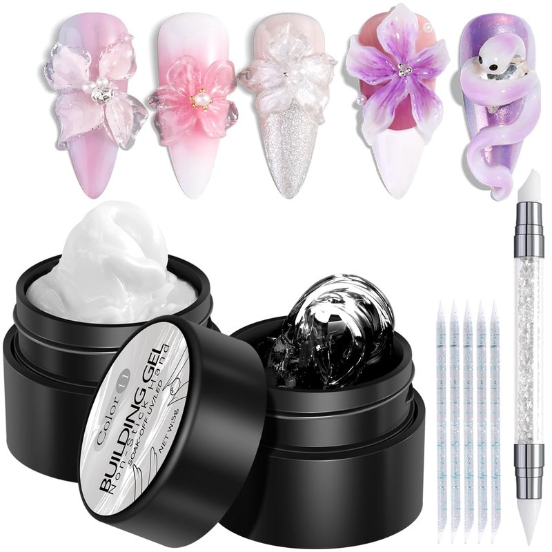 Fcozpjk Solid Builder Gel Kit, 2PCS Clear and White 3D Sculpting Gel Non-Sticky Hand Carving Gels with Silicone Pen Hard Gels for Nails Molding 3D Flowers Nail Design Manicure Salon Supplies