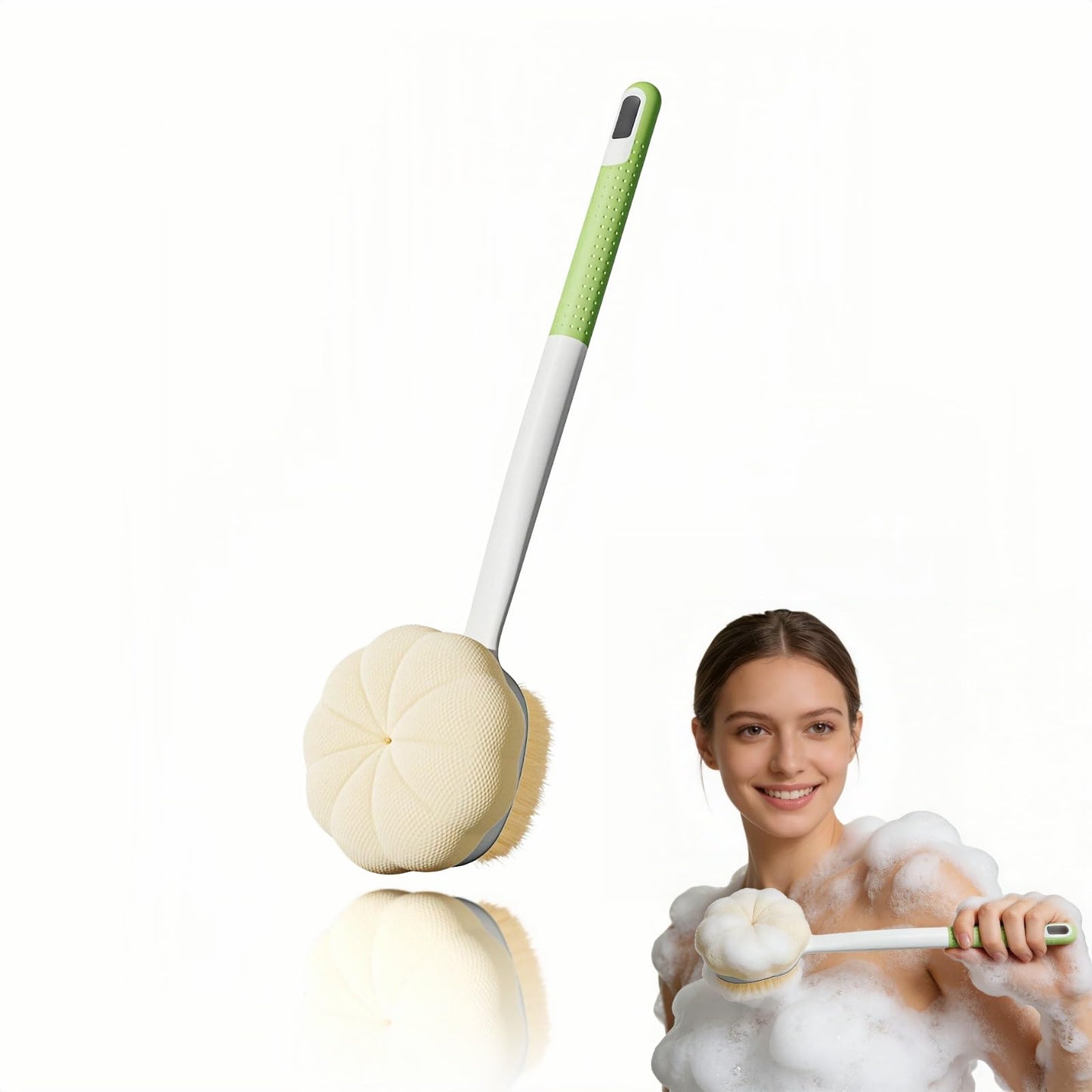 Dual-Sided Exfoliating Shower Brush, Soft Bristles & Loofah for Back Cleaning, Long Handle Back Scrubber for Deep Cleansing, Moisturizing Bath Sponge for Men Women