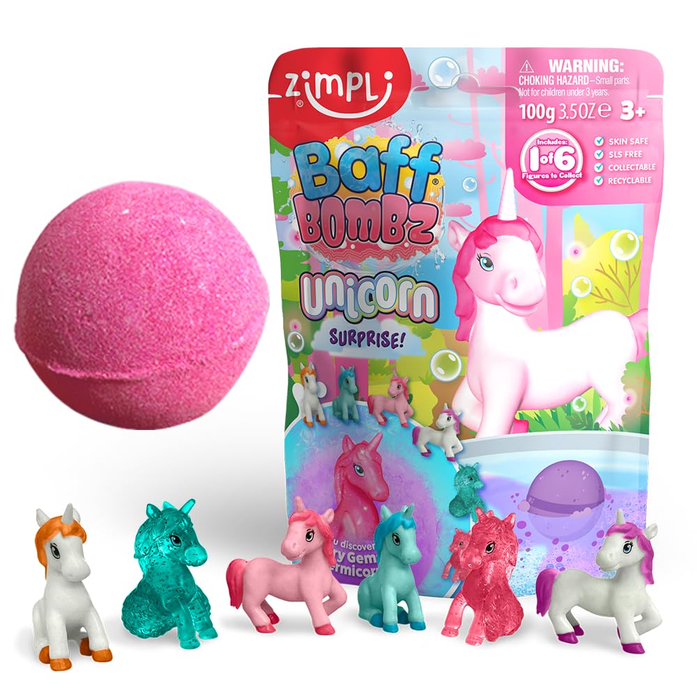 Zimpli Kids Large Unicorn Surprise Bath Bomb, 1 of 6 Surprise Unicorn Toys to Collect, One per Baff Bomb, Children's Collectable Bath Toy