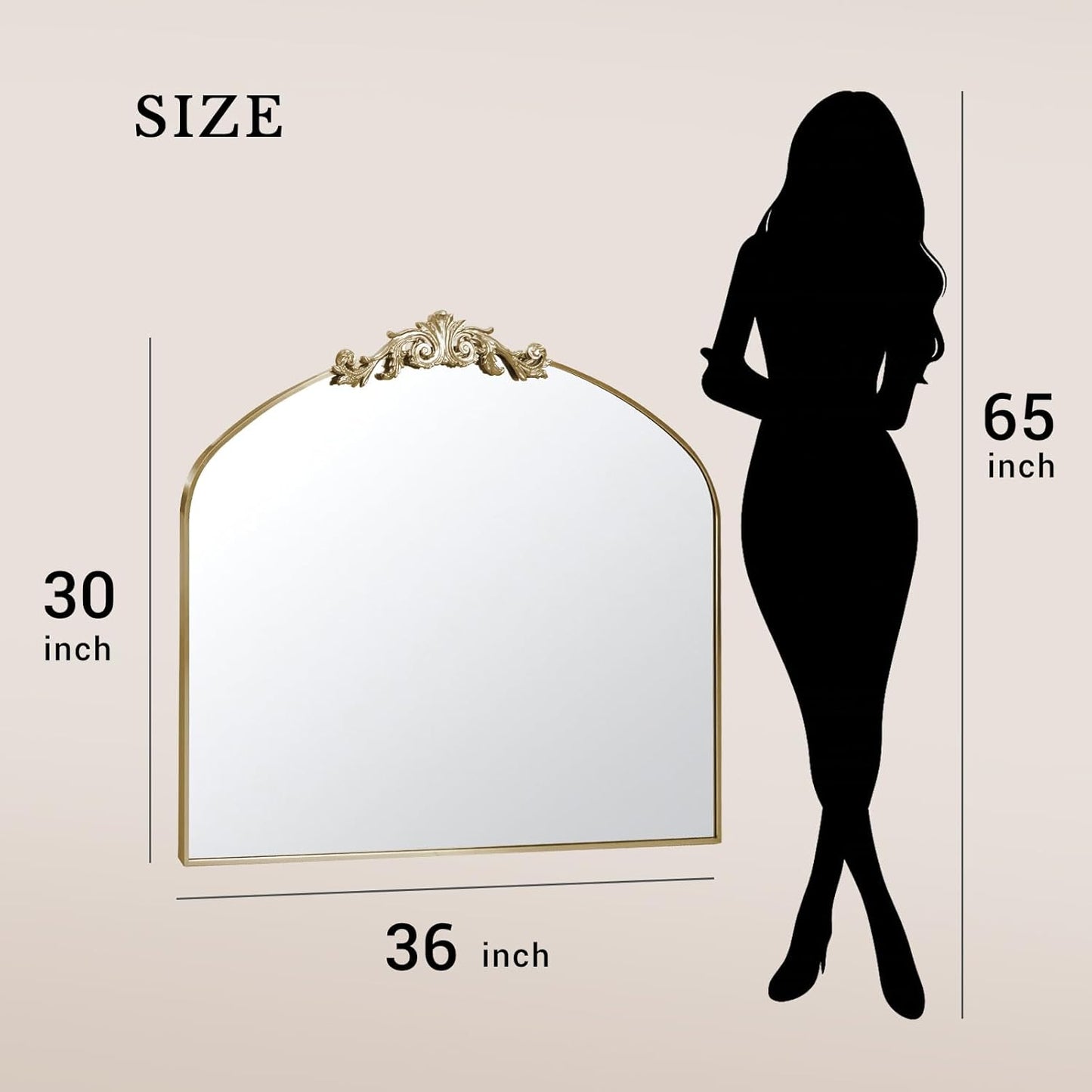Vintage Arched Baroque Wall Mirror - 36" x 30" Antique Ornate Design | Elegant Carving, Full Metal Frame, Retro Gold