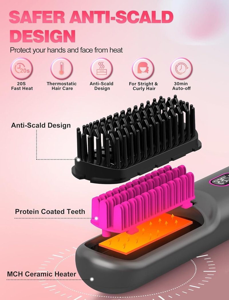 Cordless Hair Straightener Brush - Go Brush Pro for Short Hair | Travel-Friendly, 30s Fast Heat, 12 Temp Settings, Grey