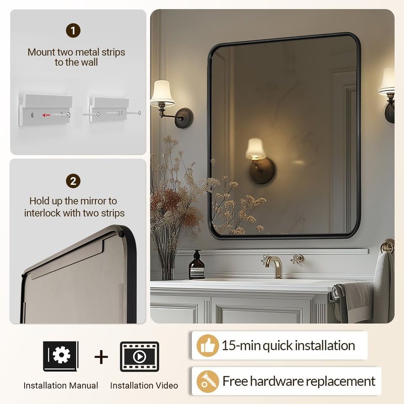 Black Bathroom Mirror - 30x36 Inch Rounded Rectangle Design | Modern Metal Frame for Vanity