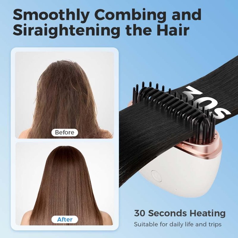 Mini Hair Straightener, 2 in 1Cordless Rechargeable Fast Heating Portable Hair Straightener Comb with Mirror & 3 Temp Settings & Anti-Scald Shell, Perfect for Travel Use (White)