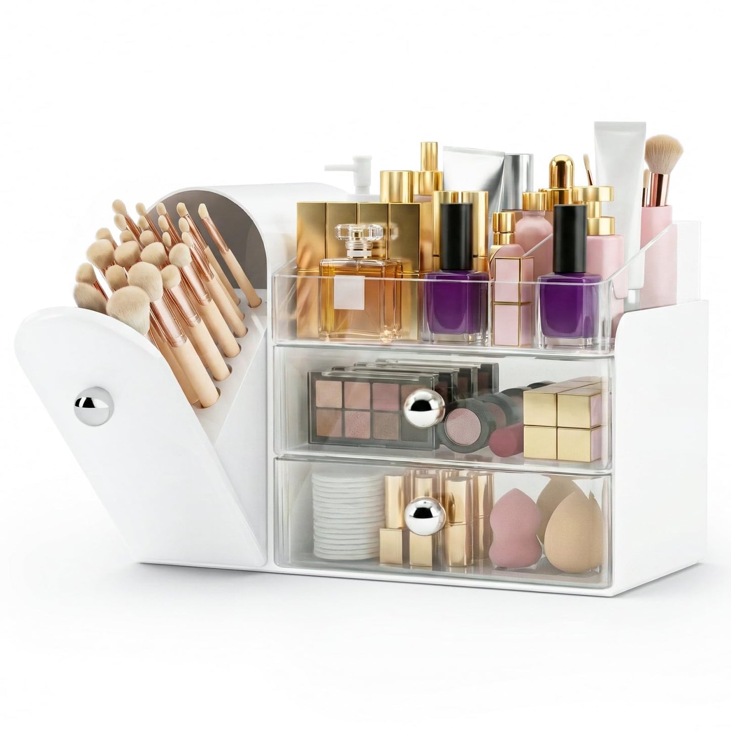 TRQWRO Makeup Organizer,Vanity Organizer with Makeup Brush Holder,Large Skincare Organizers with Drawers,Bathroom Countertop Organizer,Storage Lipstick,Perfume,Nail Polish,Beauty,Gifts for Woman