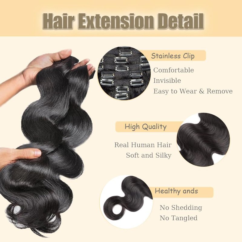 Body Wave Clip-In Hair Extensions - 12 Inch Soft Real Human Hair | Natural Black, 120g, 7 Pieces, Brazilian Remy