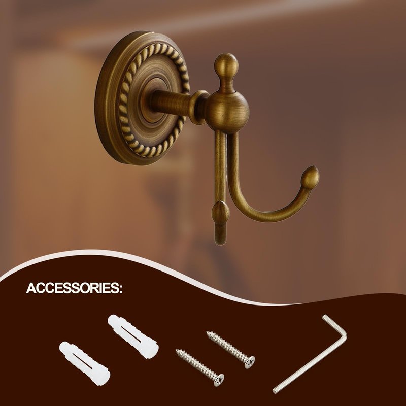 Kelelife Antique Brass Towel Hook, Screw-Mounted Shower Wall Hook, Wall-Mounted Bathroom Hook for Hanging Clothes & Robes, Vintage Brass Twist Series Long-Handle Double Hook