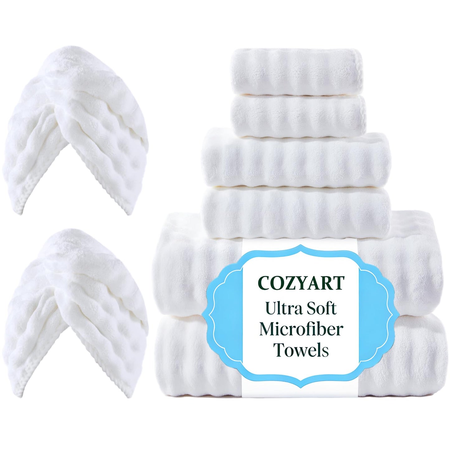 COZYART Lint Free Towel Sets 8 Pcs White, Super Soft, Thick Absorbent & Quick Dry Microfiber 3D Bubble Bathroom Daily Use Set with 2 Bath Towels, 2 Hair Towels, 2 Hand Towels, 2 Washcloths