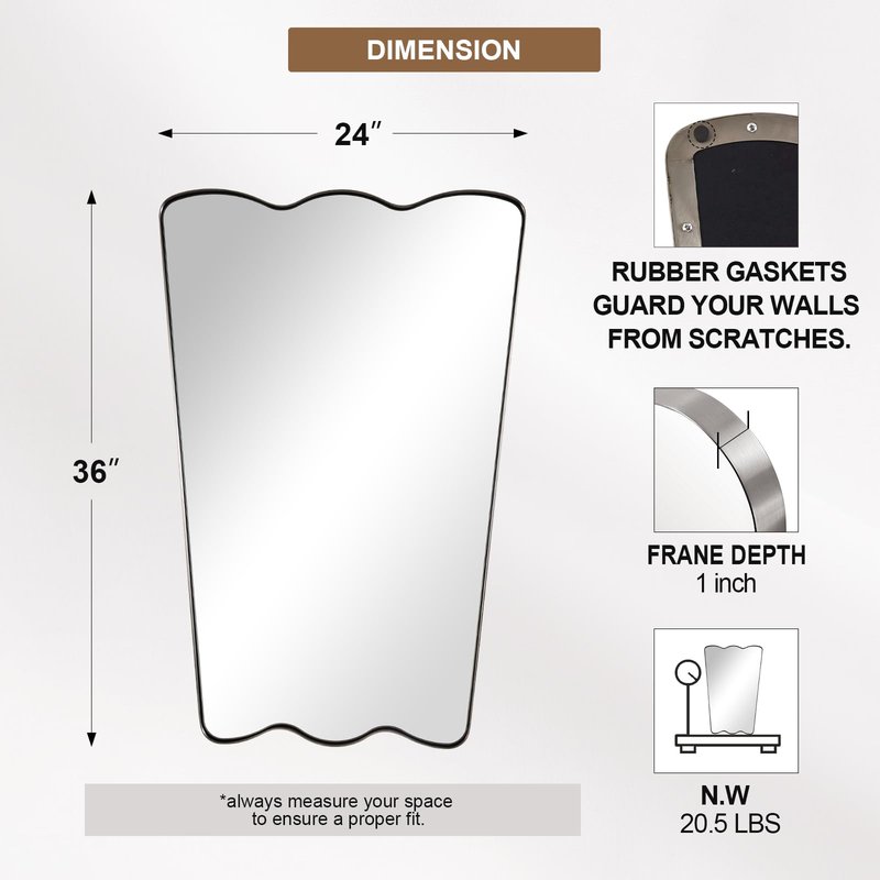 ANDY STAR 24x36 Brushed Nickel Scalloped Bathroom Mirror, Unique Irregular Wall Mirror, Rustproof Stainless Steel Wavy Metal Frame for Contemporary Bathroom Decor