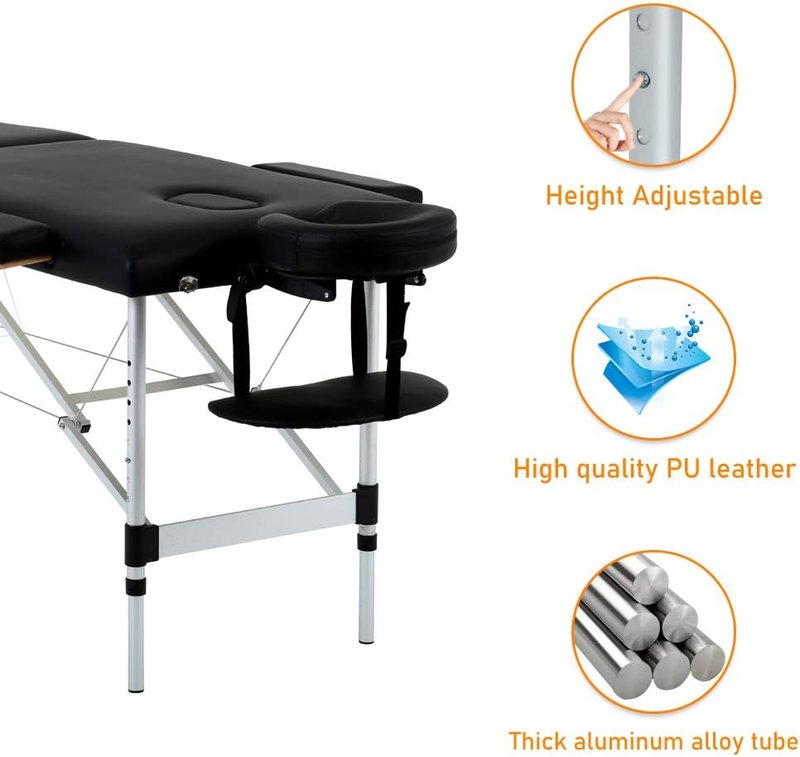 Foldable Massage Table - Portable 73 Inch Adjustable Salon Bed with Aluminum Legs & Carry Case | Supports 450 lbs - Black