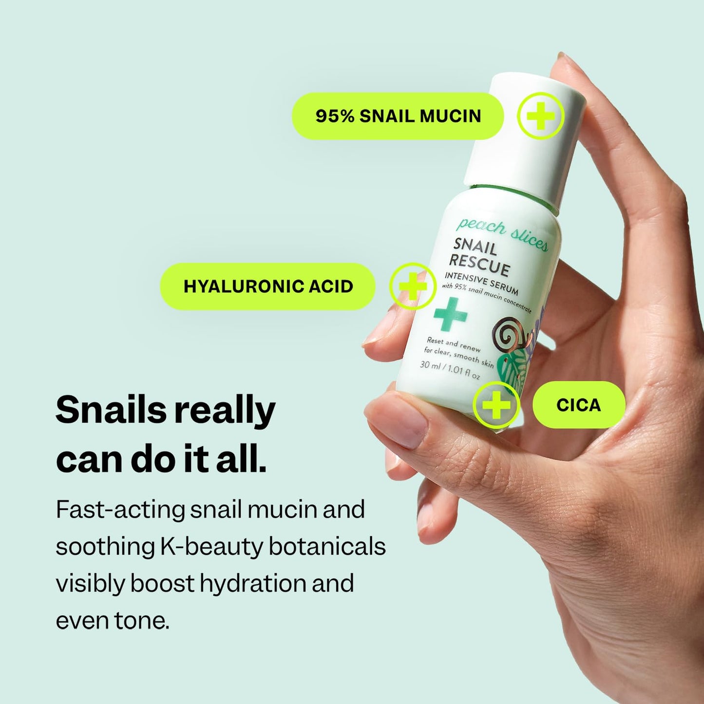 Peach Slices - Snail Rescue Intensive Serum (1.01 oz) - 95% Snail Mucin Concentrate - Reset, Renew & Smooth - Birch Juice, Hyaluronic Acid & Cica - Clean & Cruelty Free - Korean Skin Care & Beauty