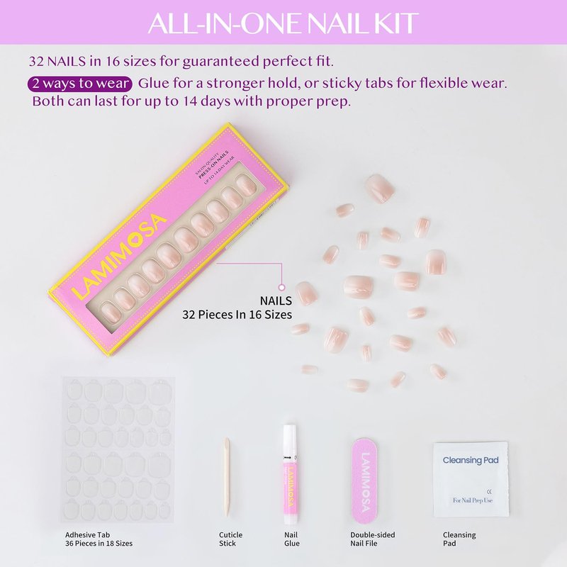 LAMIMOSA Ombre Press On Nails - 32Pcs Short Round Soft Gel Kit in Cappuccino, Reusable with Glue