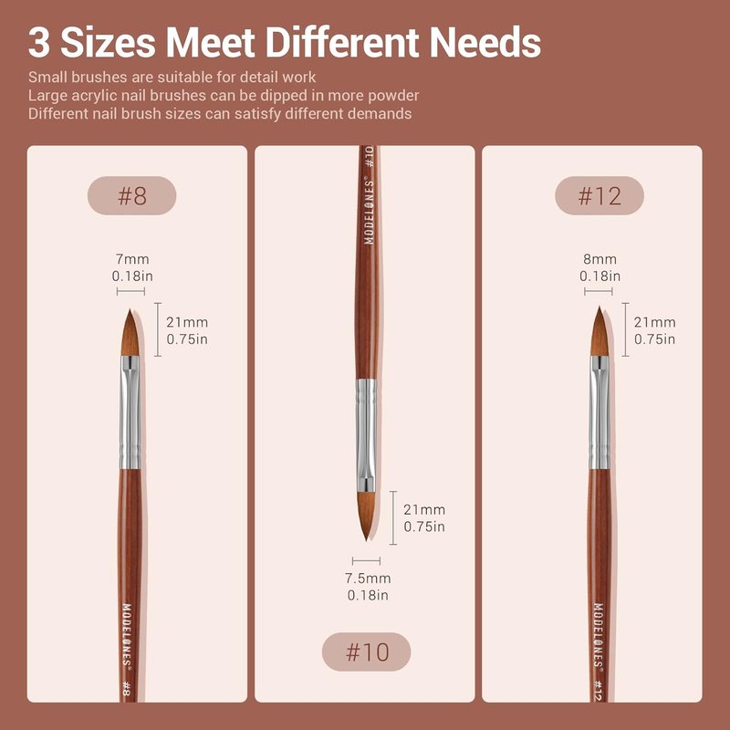 Modelones Kolinsky Acrylic Nail Brush Set - Round Brushes for Acrylic Powder & Gel Polish | Sizes 8, 10, 12