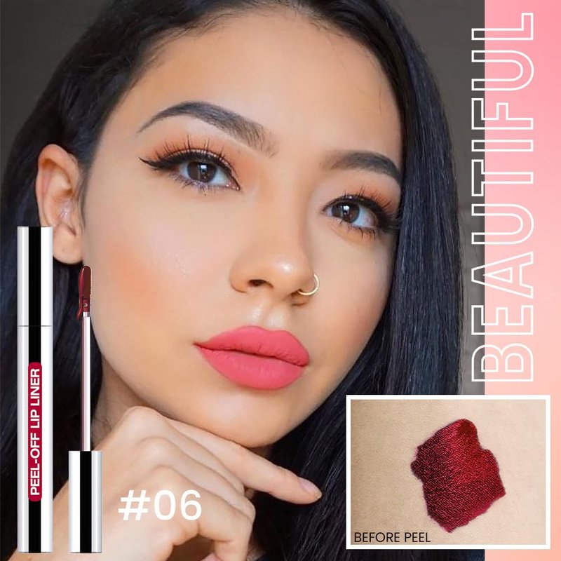 JUAAZIN Matte Lip Stain Peel Off Lip liner with Tweezer, Pinkish Red Peel Off Lip Stain, Long Lasting Waterproof Lipstick Lip Gloss Tattoo, Transfer-proof for All Skin Types, 0.12 fl oz 06#