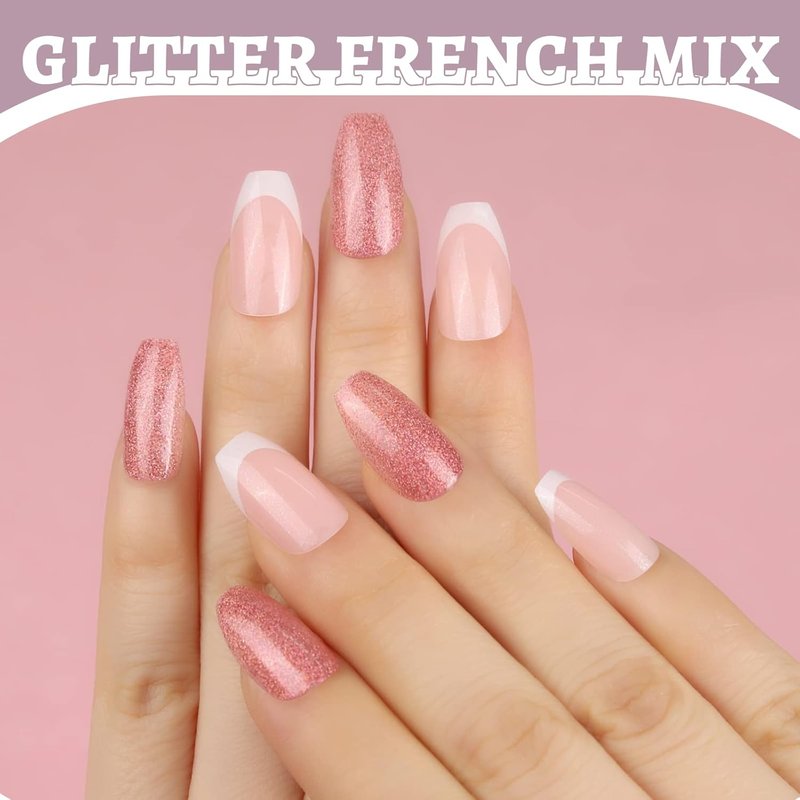 Press On Nails - 288PCS Matte Medium Length Acrylic Ballerina Coffin Nails | Glitter Full Cover Design