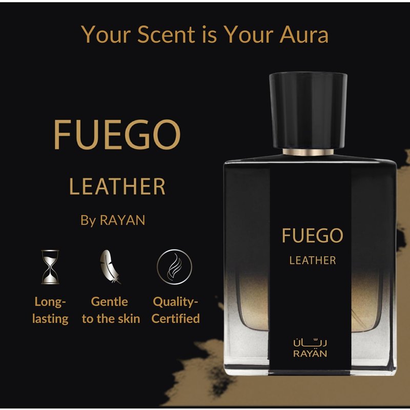 RAYAN Fuego Leather Perfume for Men – Long Lasting Arabian Eau De Parfum, 100mL (3.34 Fl oz) Men Perfume with Bergamot, Lavender, Vetiver, Sandalwood & Amber - Ideal Gift for Father's Day