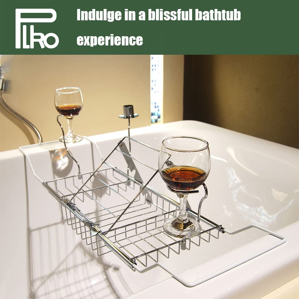 PLKO Bathtub Tray,Stainless Steel Shower Bathtub Caddy Tray with Removable Book Holder Red Wine Rack Holder, for Home Kitchen Bathroom, Sliver