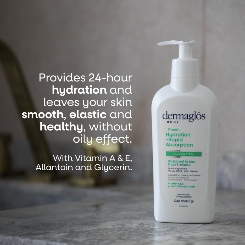 Dermaglos Moisturizing Body Cream | Hydration + Rapid Absorption, 24Hour Duration | Daily moisturizer For all Skin Types Even Sensitive | With Vitamin A, Vitamin E, Allantoin, Glycerin | 10.58 Oz