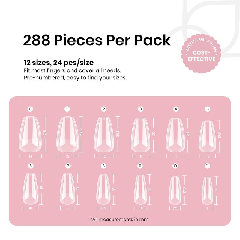 Beetles Gel Nail Tips Short Coffin Pre-Etched Nail Tips, 12 Sizes 288 Pcs Full Cover Soft Tips Half Matte False Nails Clear Acrylic Press on Nails Extension DIY Manicure Gifts for Women