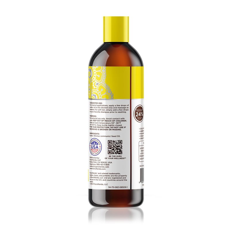 GuruNanda Castor Oil (8 Fl oz) - 100% Pure, Cold Pressed & Hexane-Free Oil - Natural Carrier Oil to Support Growth for Nails, Hair, Eyebrows & Eyelashes - Promotes Skin Hydration & Moisturization