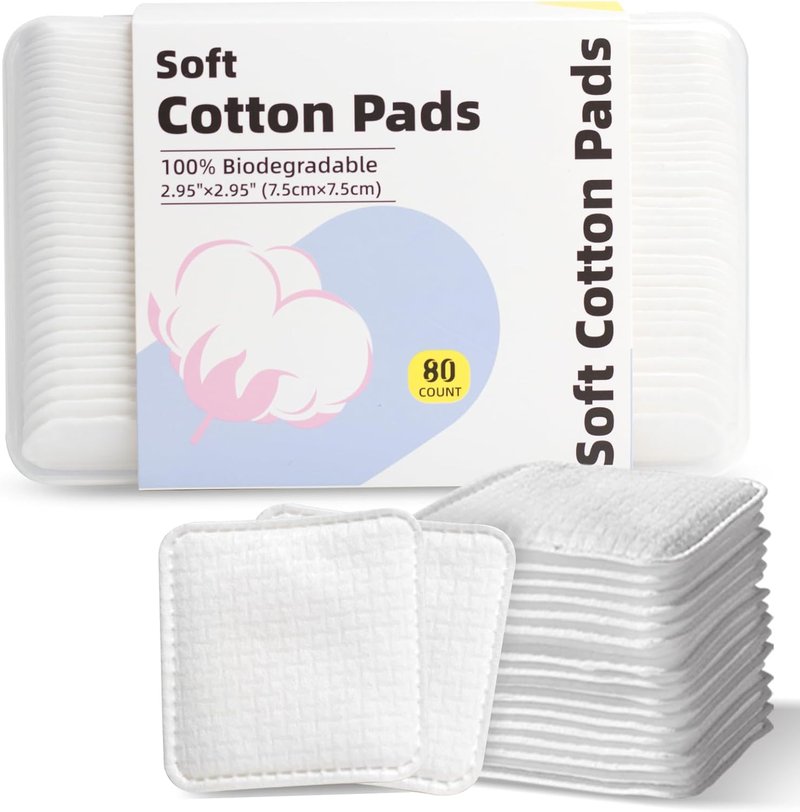 Skiennix Large Square Cotton Pads - Lint-Free, Soft, Multi-Layer for Makeup Removal | 80 Count